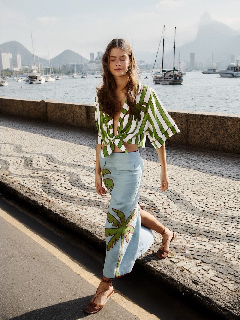 NEW Farm Rio Blue Embroidered Palm Tree Maxi Skirt, XS